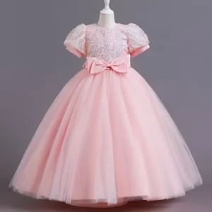 Robe de cérémonie princesse rose avec nœud