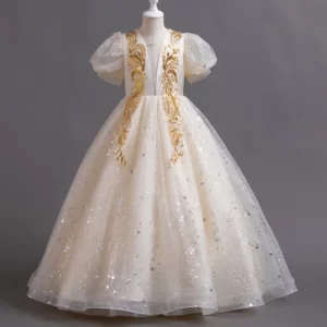 Robe de cérémonie princesse ivoire avec broderies dorées